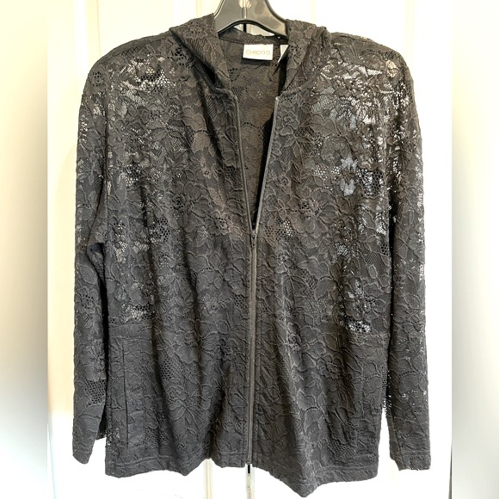 CHICOS🖤 Black Lace Hoodie- Gorgeous, Lightweight, See Thru, ZipUp, with Pockets